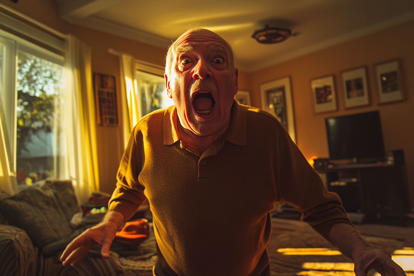 Close-up of angry man in his 70s yelling in living room | Source: no source