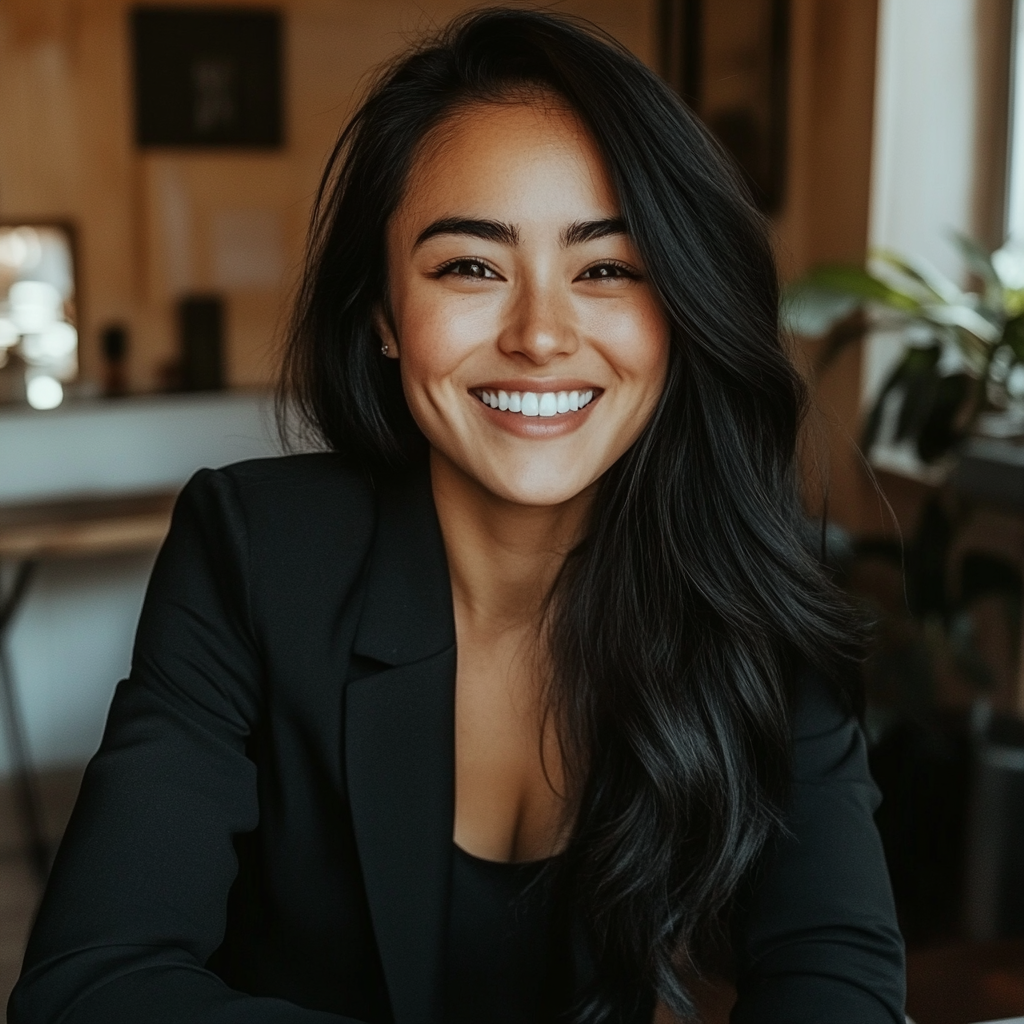 A smiling woman sitting at a desk | Source: No source