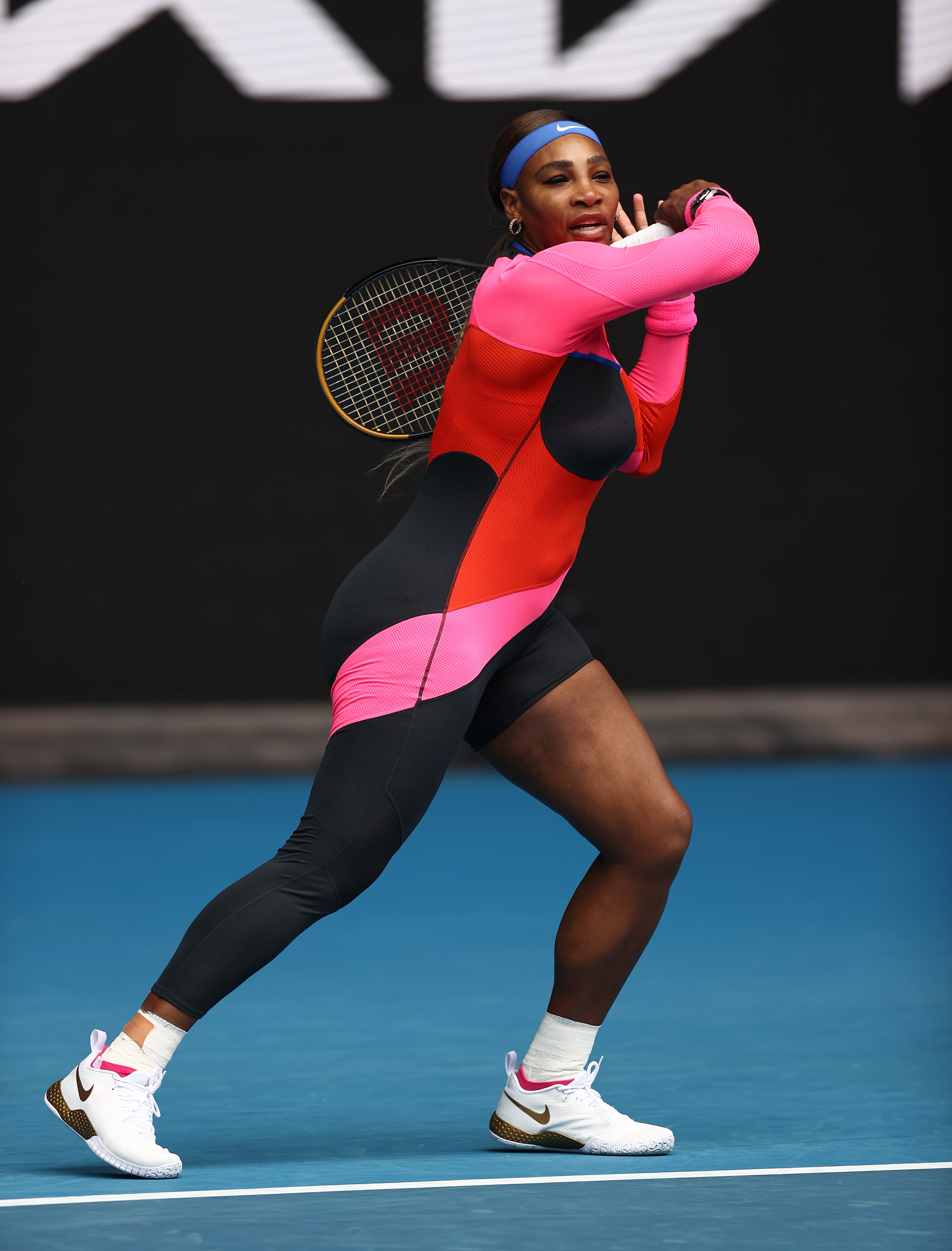 Serena Williams plays against Laura Siegemund in the first round of the Australian Open in Melbourne on February 8, 2021 | Source: Getty Images