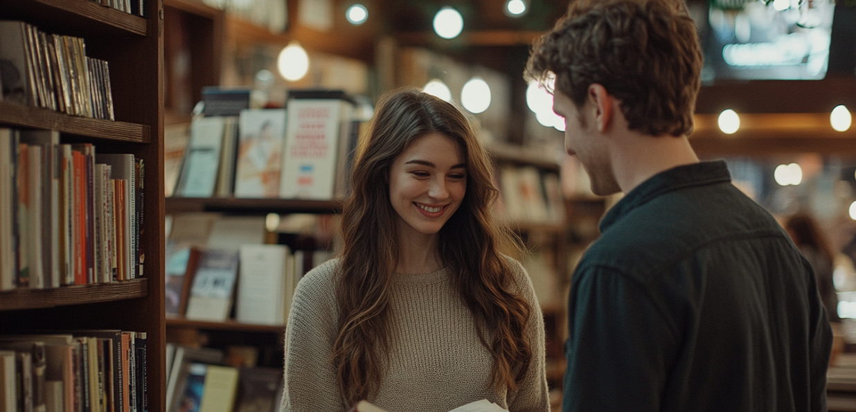 A woman and a man in a bookstore | Source: No source