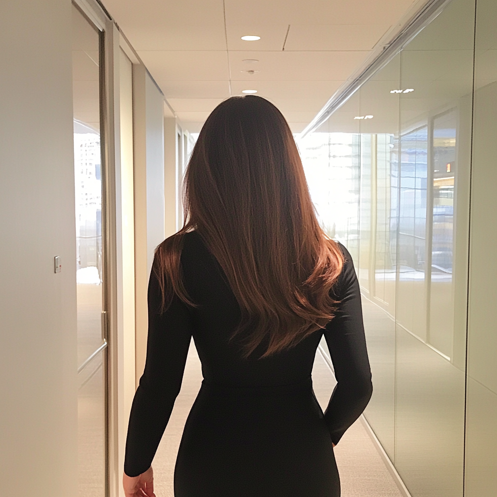 A woman walking down a hallway | Source: No source