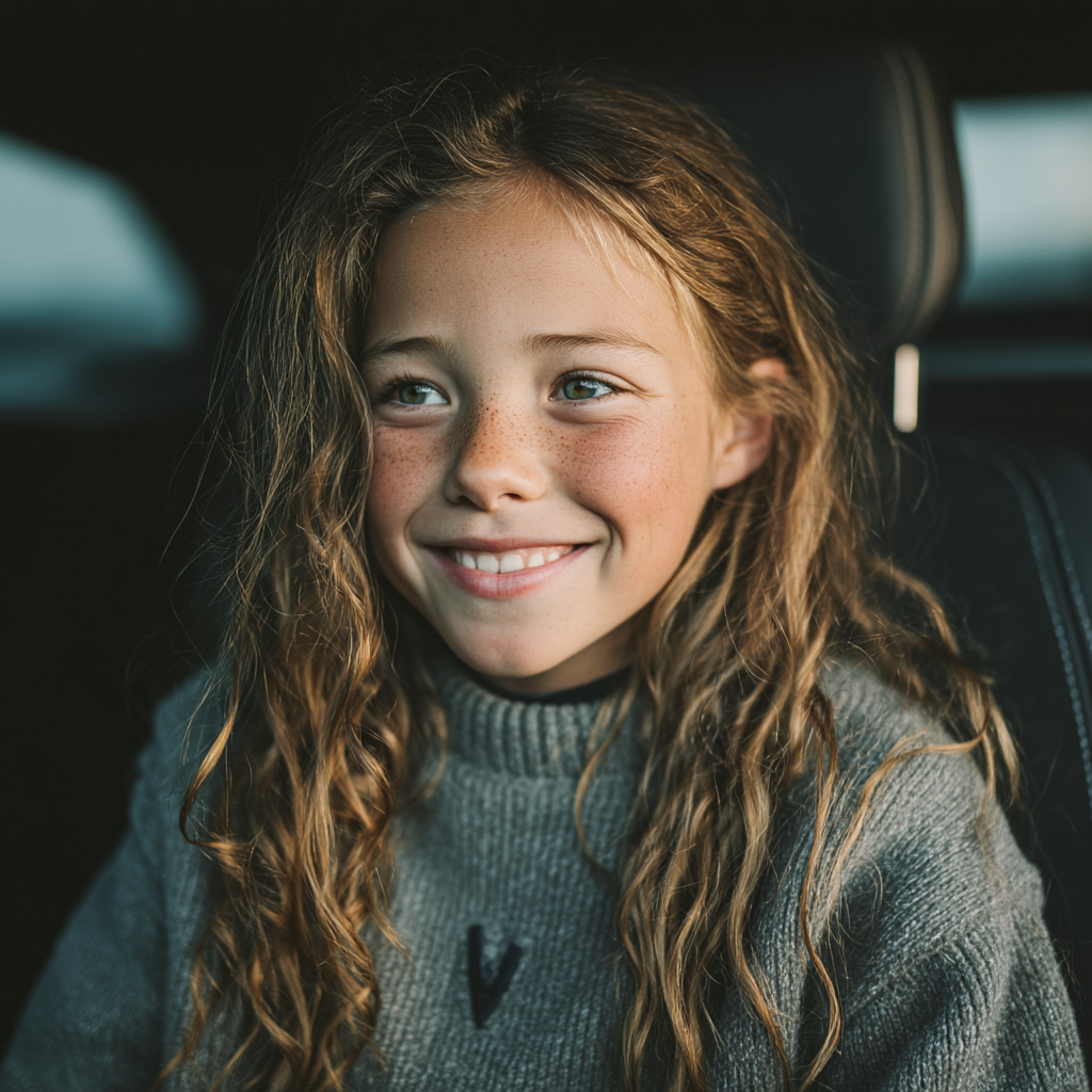 A happy girl in the backseat of a car | Source:  no source