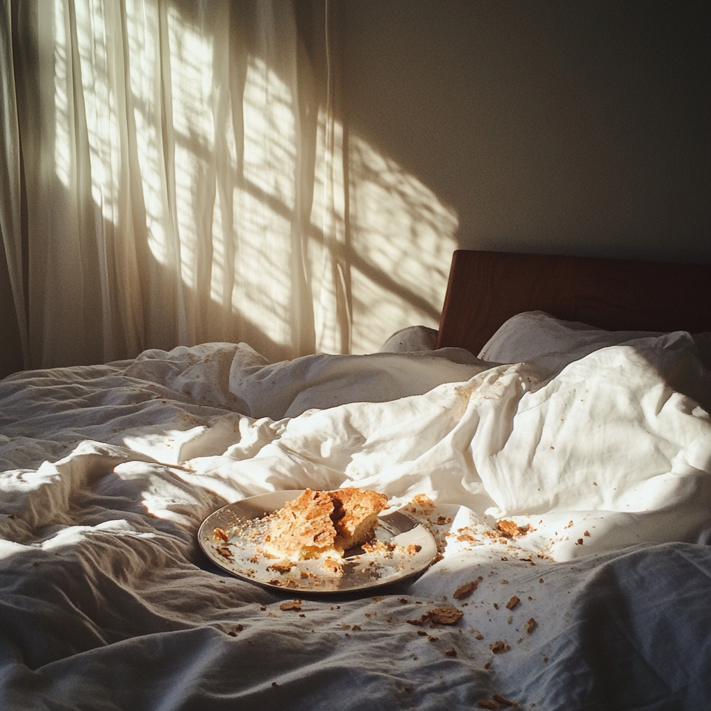 Crumbs on a bed | Source: No source