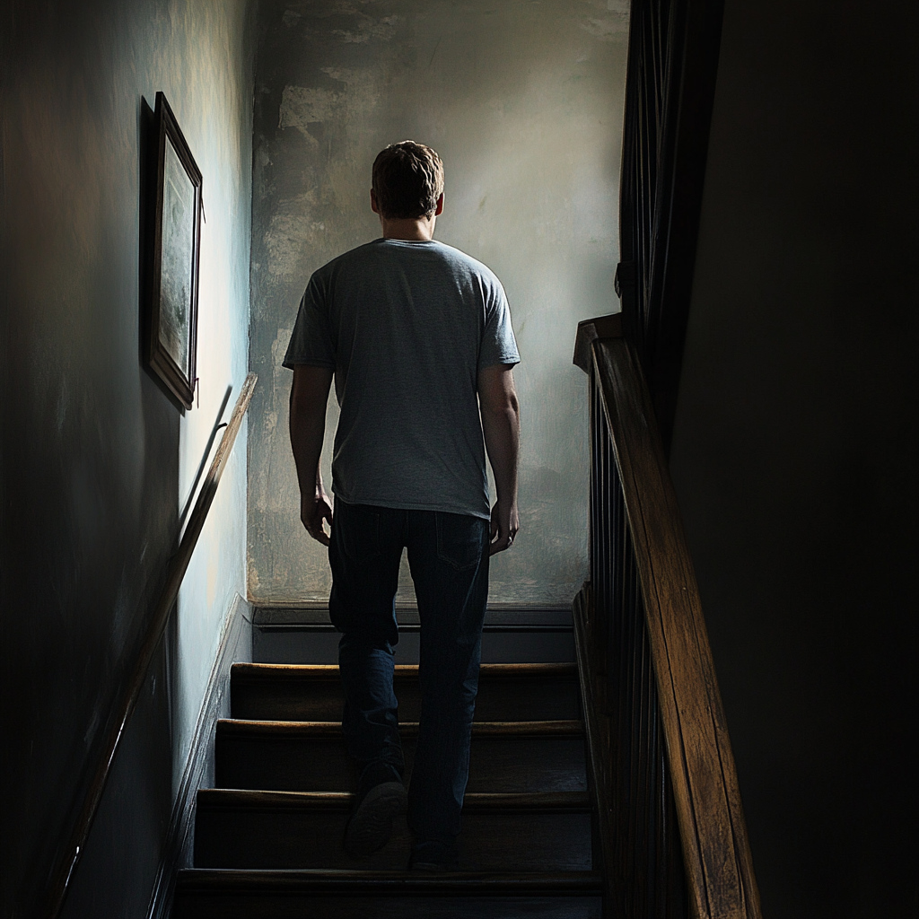 A man ascending the stairs | Source: no source