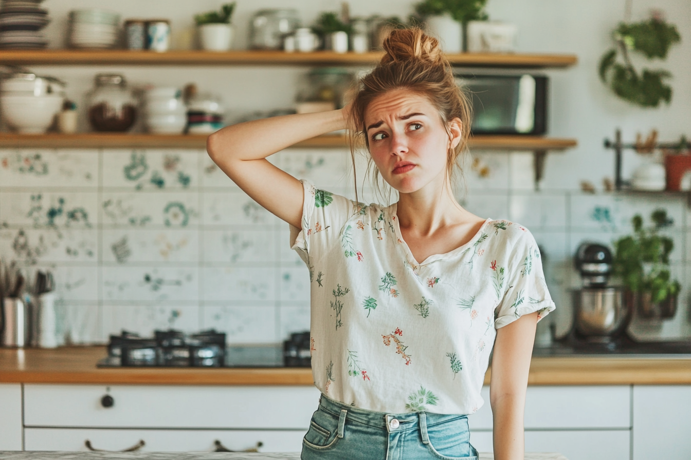 A woman in a kitchen looking worried and confused | Source: No source