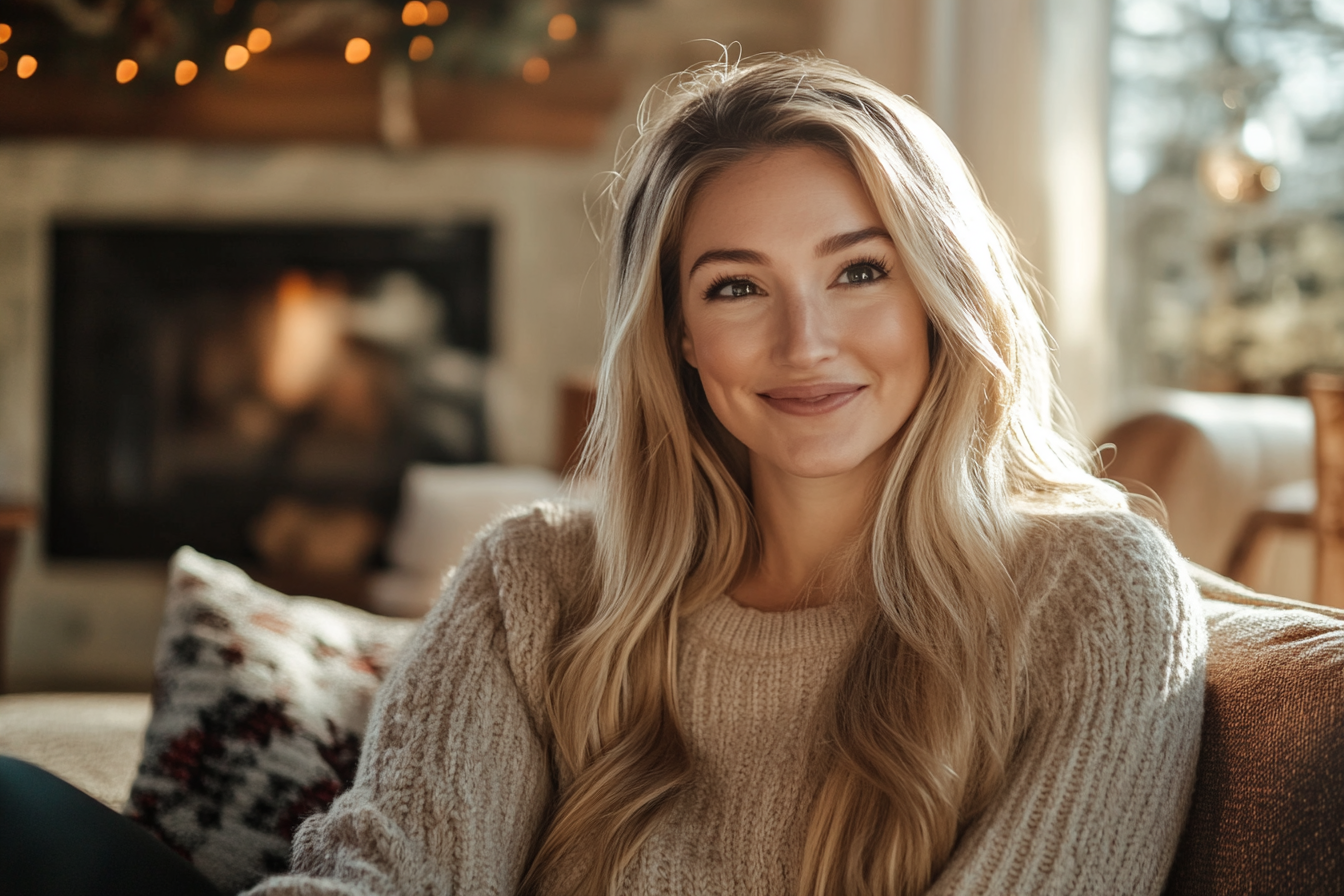 A woman smiling on a sofa | Source: No source
