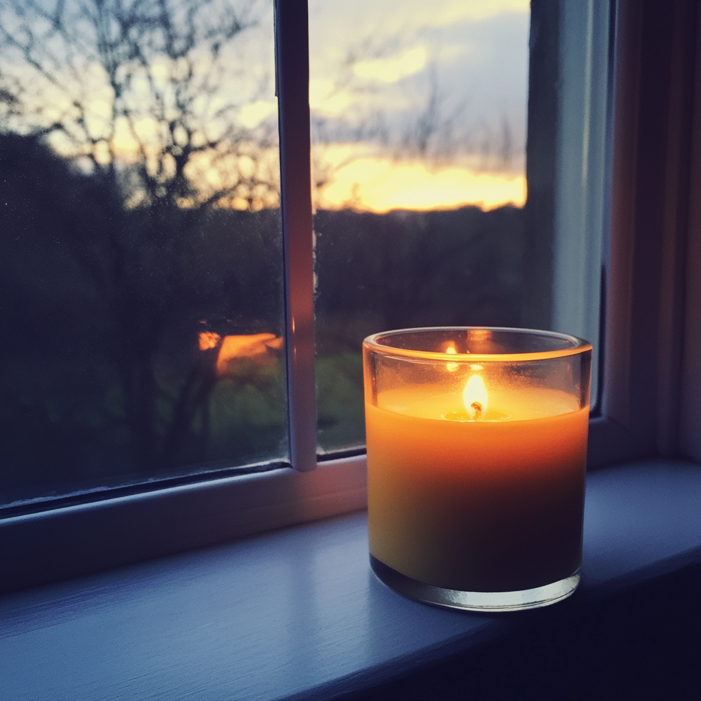 A candle lit in a windowsill | Source: No source