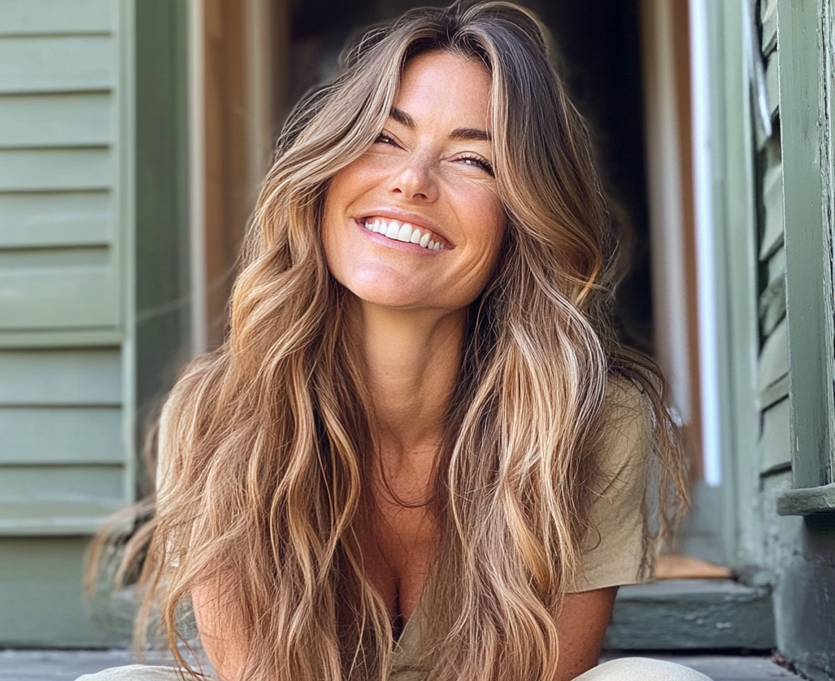 A happy and relieved woman sitting outside | Source: no source