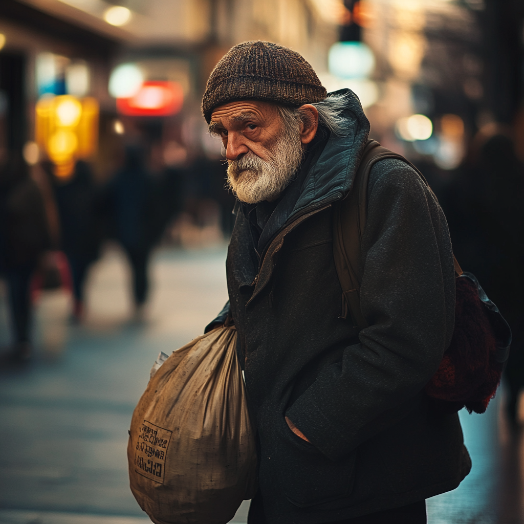 A hunched homeless man with a bag | Source: no source