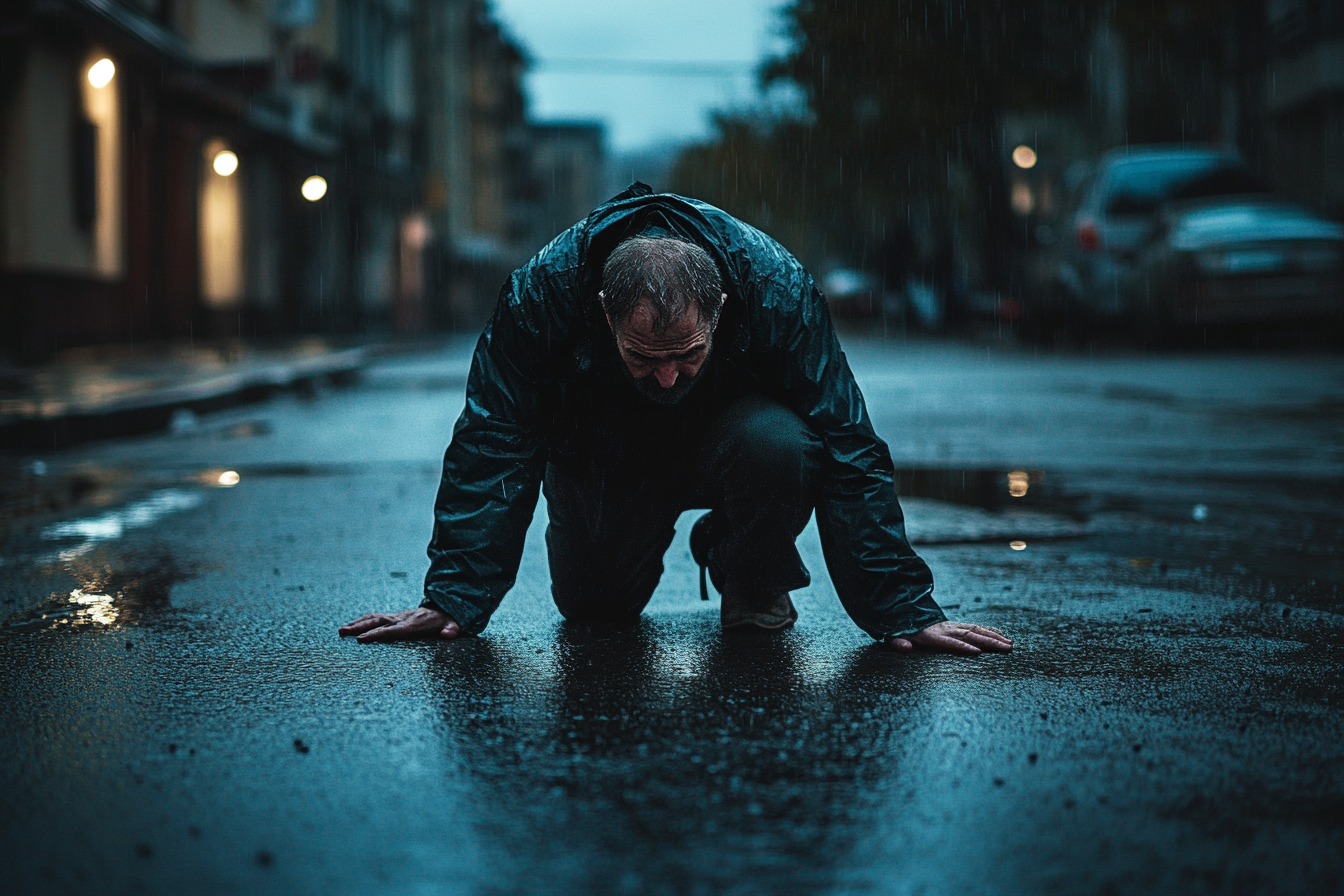 A man kneeling on the rainy street looking sad and hopeless | Source: No source