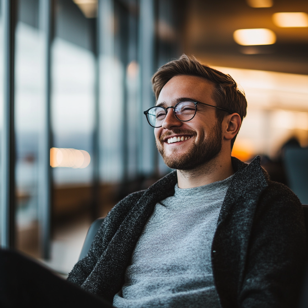 A smiling man in an airport | Source: Midjourney