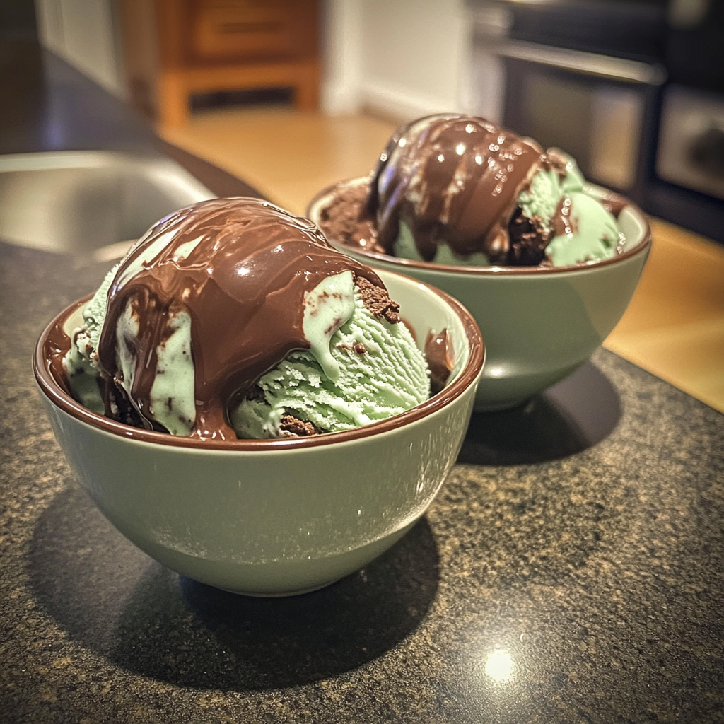 Two bowls of ice cream with chocolate sauce | Source: No source