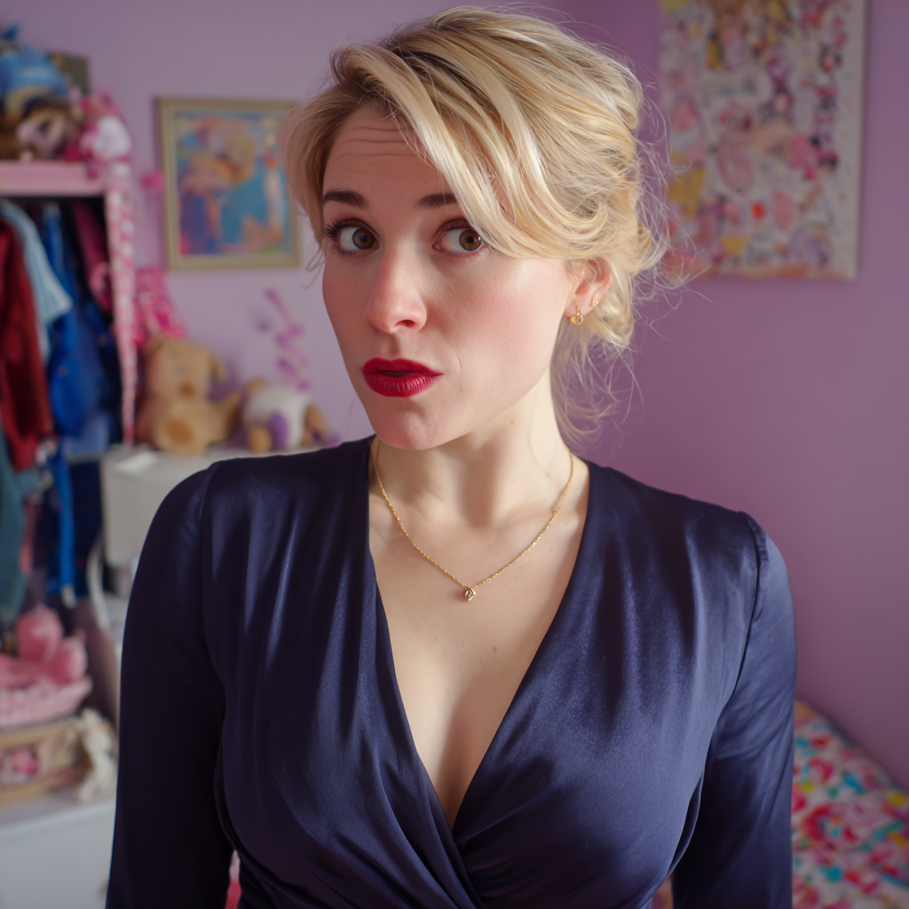 A surprised woman in a child's bedroom | Source: No source