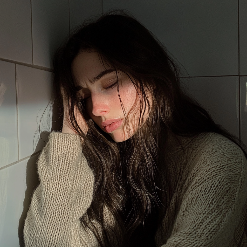 An upset woman sitting in a bathroom | Source: no source