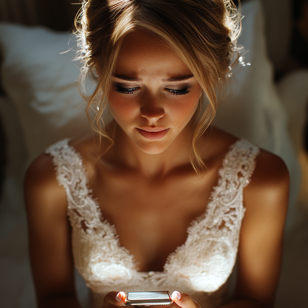 A disturbed bride looking at her phone | Source: no source