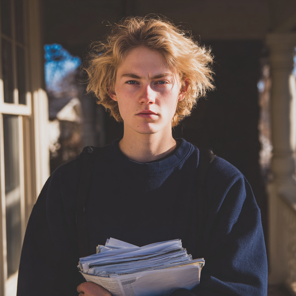 A frowning young man holding a stack of documents | Source: no source