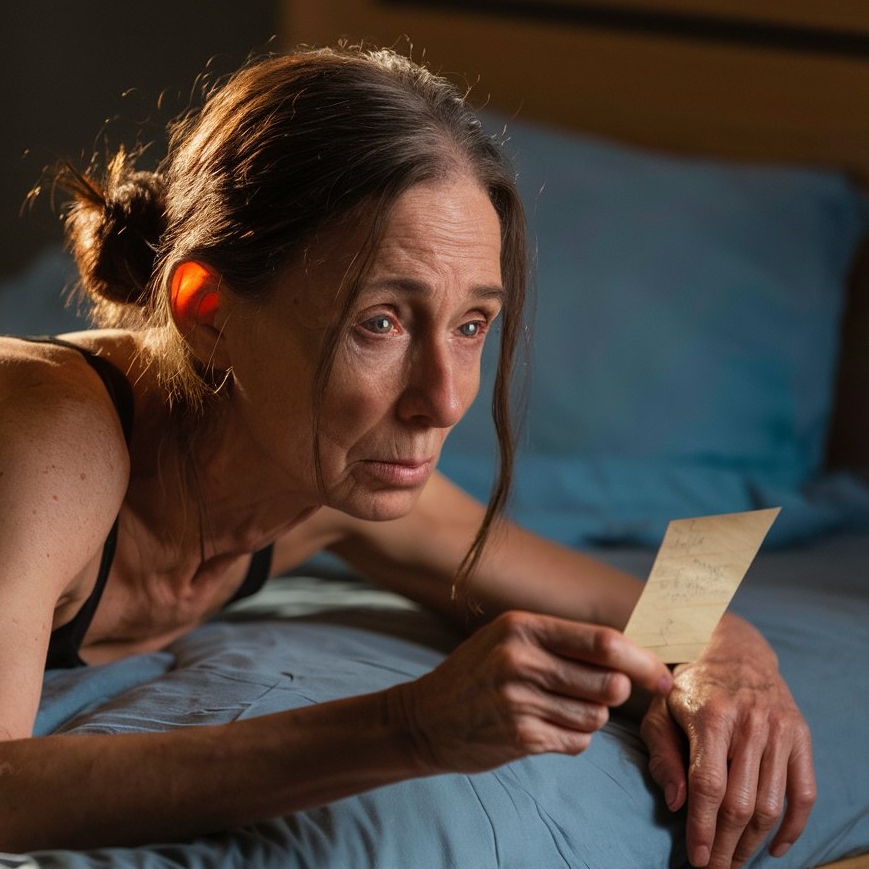 A distressed-looking woman lying on a bed, clutching a note | Source: no source