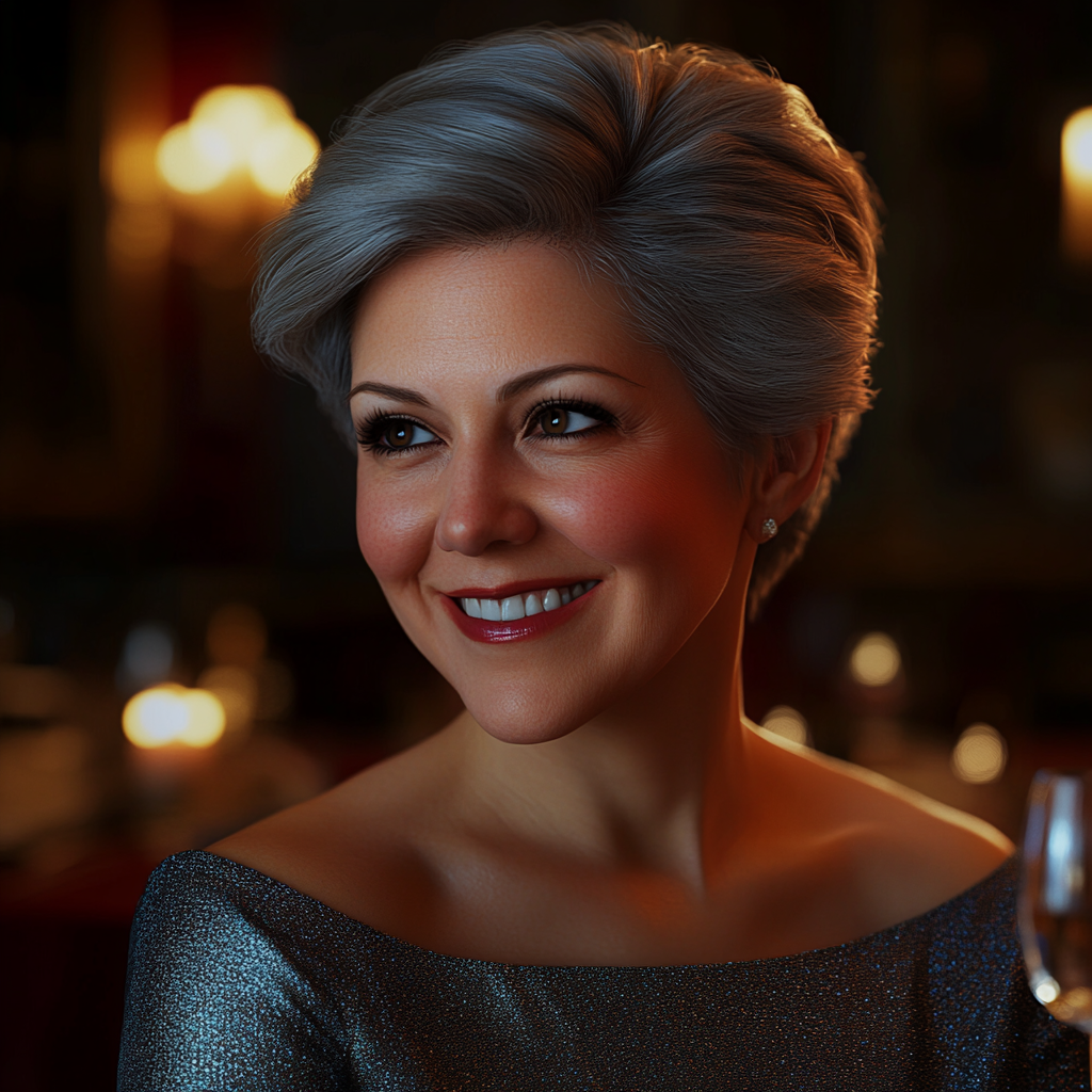 An excited older woman in a dining room | Source: no source