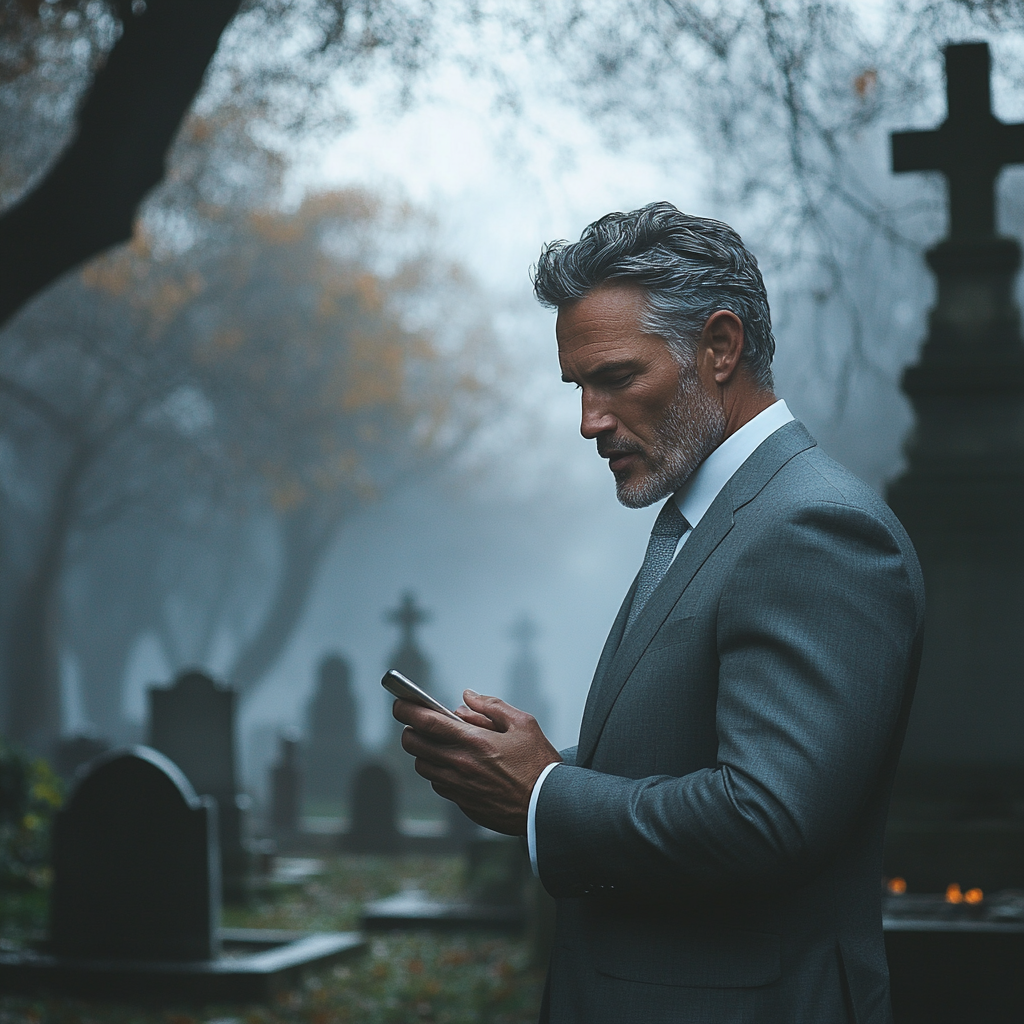 A man holding a phone in a cemetery | Source: no source
