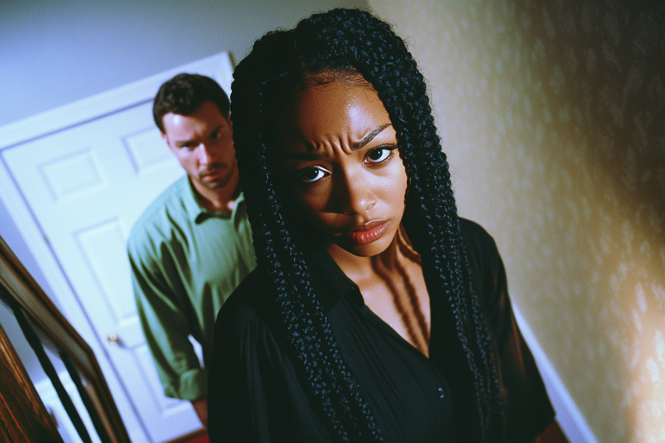 A woman going up the stairs in a house with a man following behind her, looking sad | Source: no source