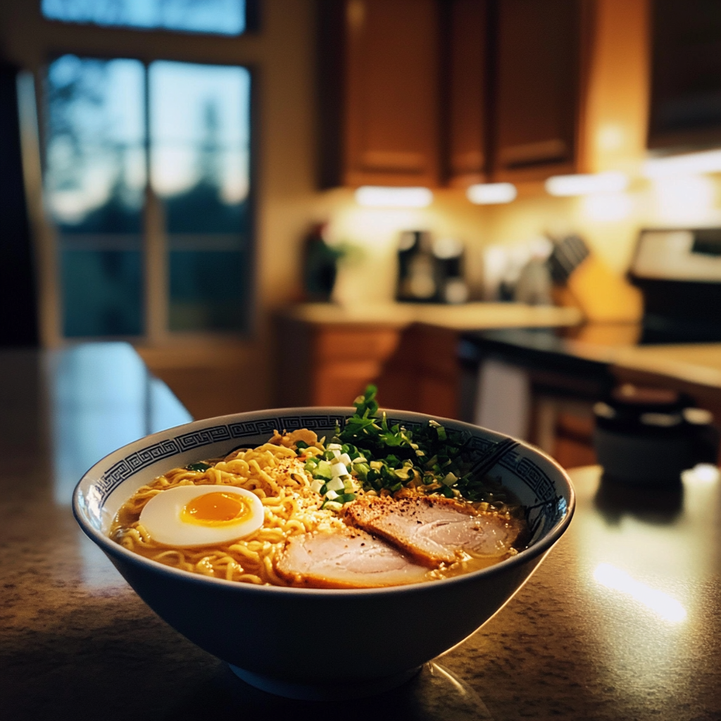 A bowl of ramen on a kitchen counter | Source:  no source