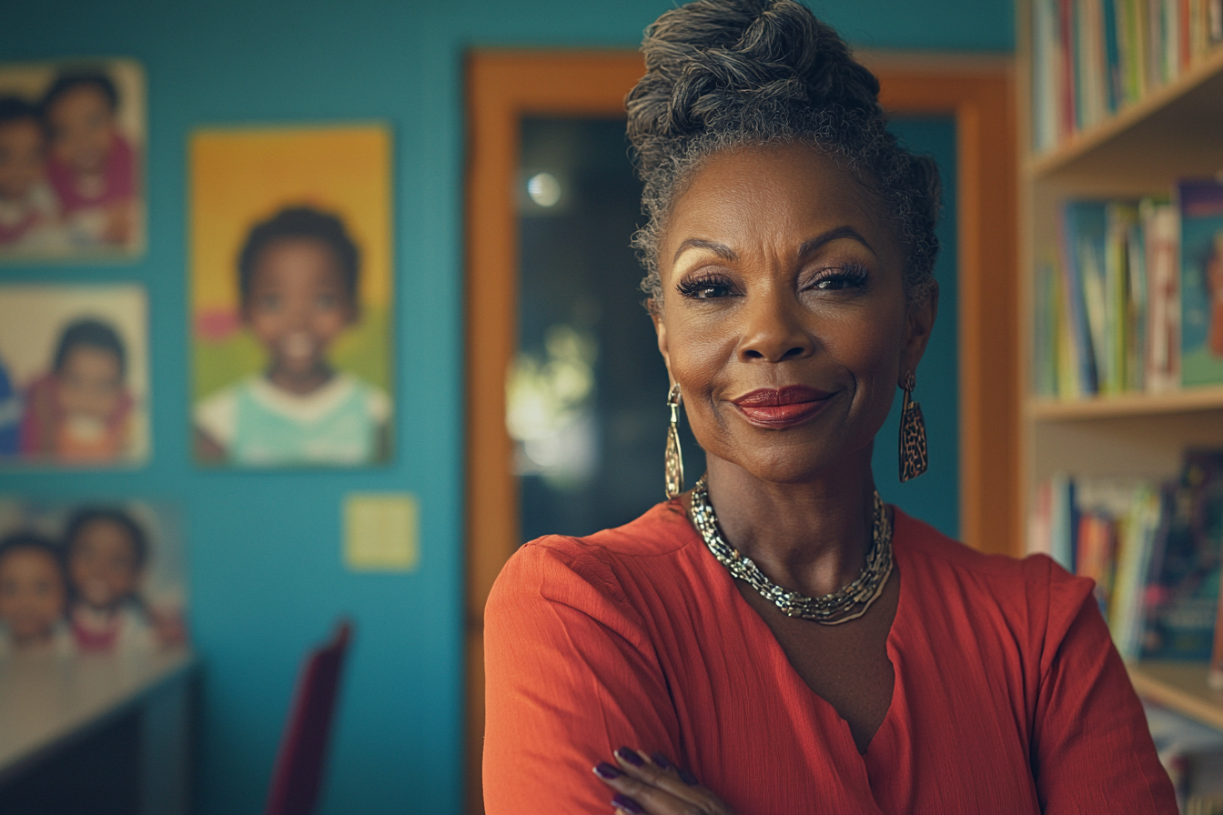 Woman smirking at the door of an office at a children's center | Source: No source
