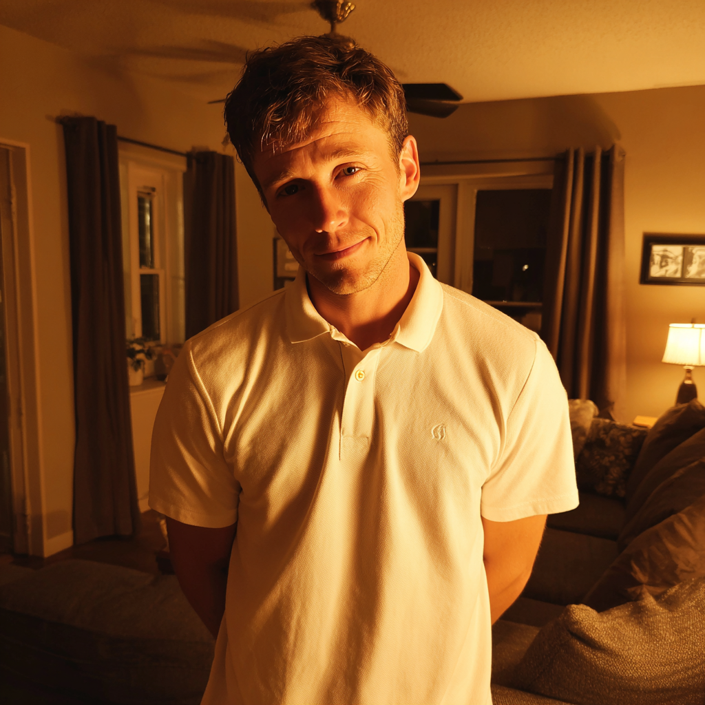 A sheepish man standing in a living room | Source: No source
