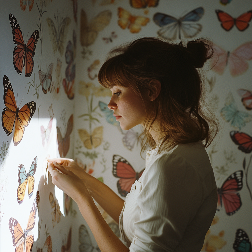 A woman applying wallpaper | Source: no source