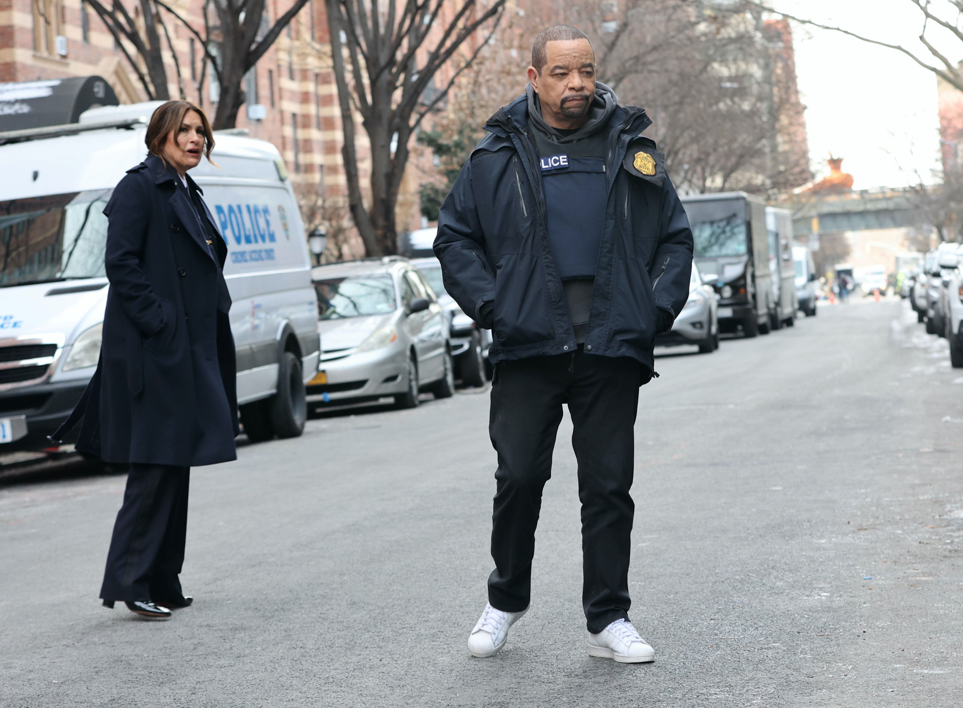 Mariska Hargitay and Ice-T on the set of "Law & Order: Special Victims Unit" on February 15, 2024, in New York. | Source: Getty Images