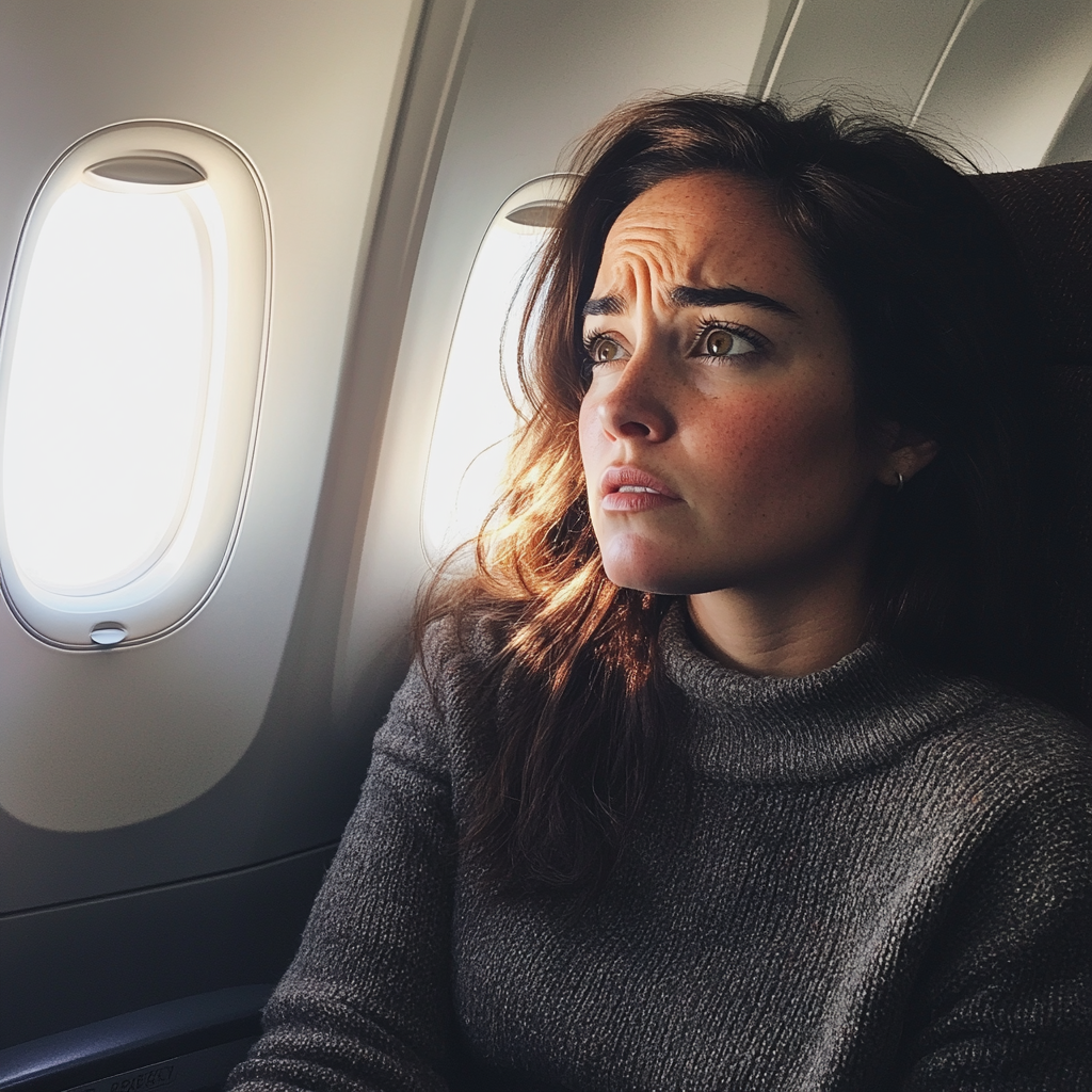 An upset woman sitting in an airplane | Source: no source