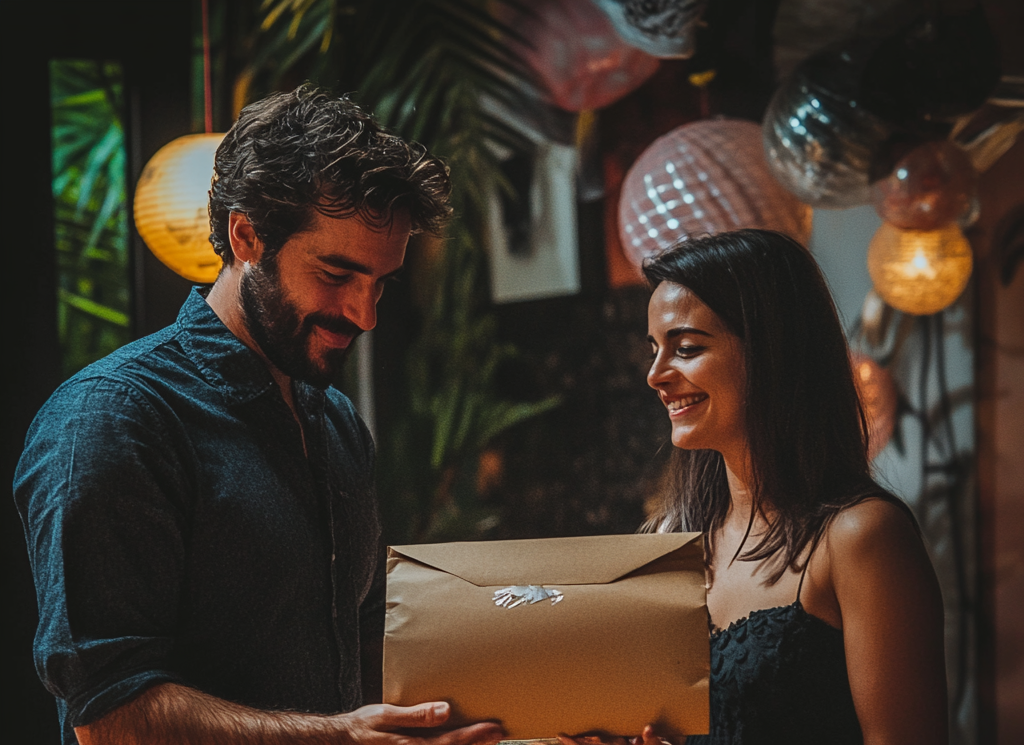 A man presenting a large envelope as a gift to his wife at her birthday party | Source: No source