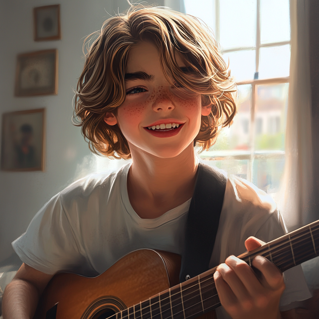 A cheerful boy playing a guitar in his room | Source: no source