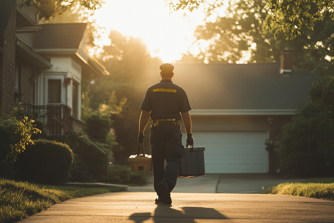 A man in uniform holding toolboxes while walking up a driveway | Source: no source