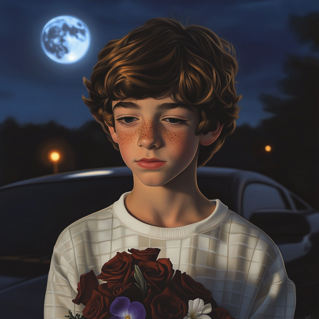 A boy holding a bouquet of flowers and standing outdoors near a car | Source: no source