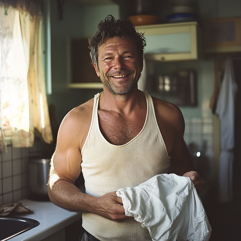 A happy man holding a shirt | Source: no source