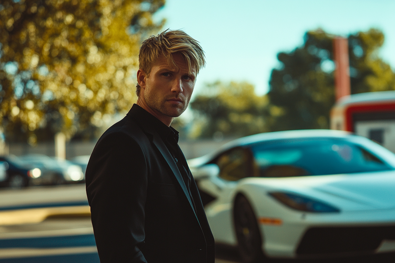 A man wearing a nice suit with a cold expression, standing in front of a white sports car in a parking lot | Source: no source