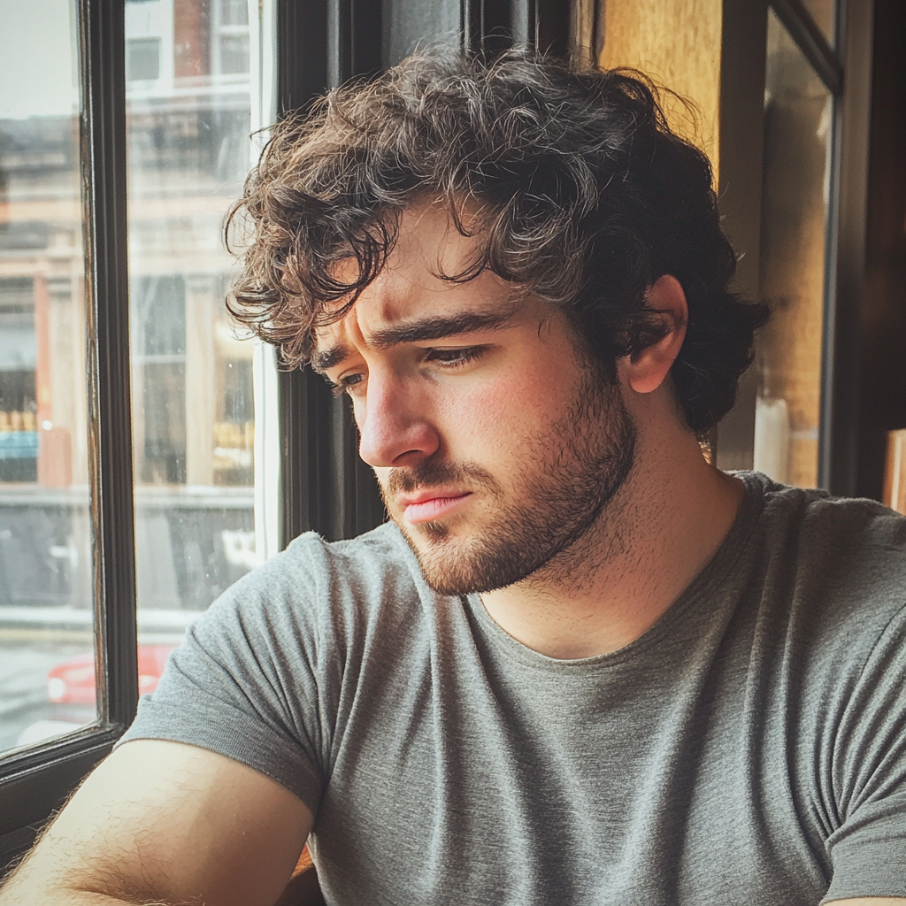 An upset man sitting in a coffee shop | Source: No source