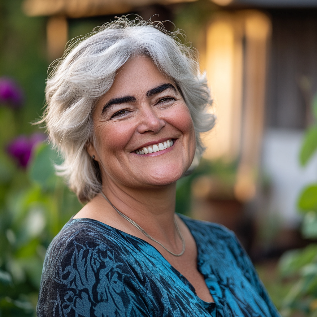 A closeup shot of a senior woman smiling while standing in her home garden | Source: no source