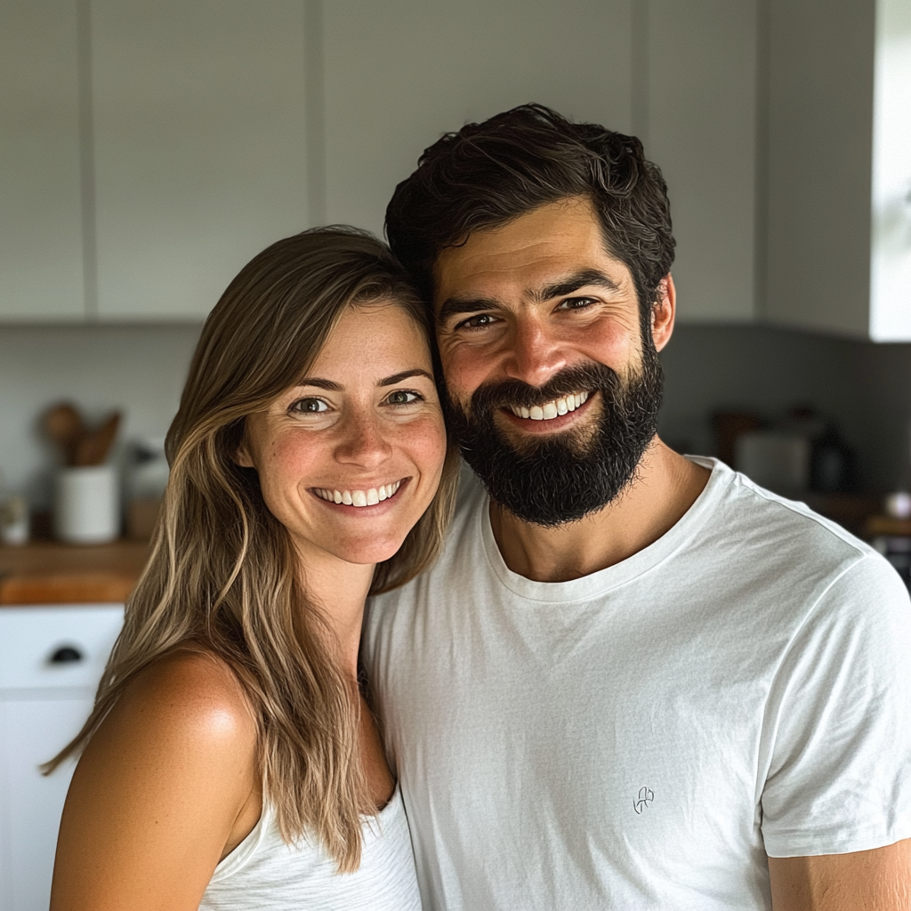 A smiling couple standing in a kitchen | Source: no source