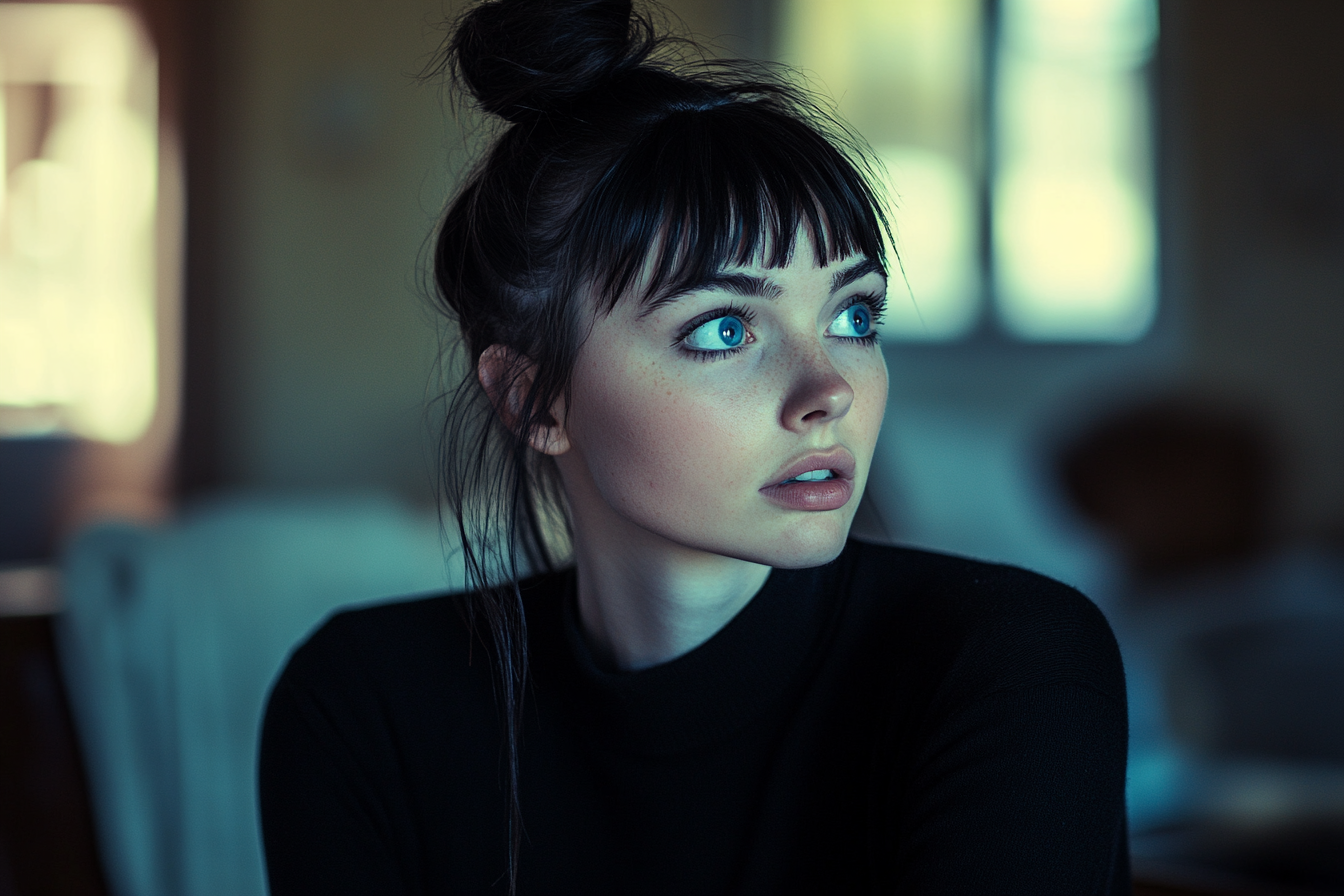 Woman in a living room looking like she heard something | Source: no source