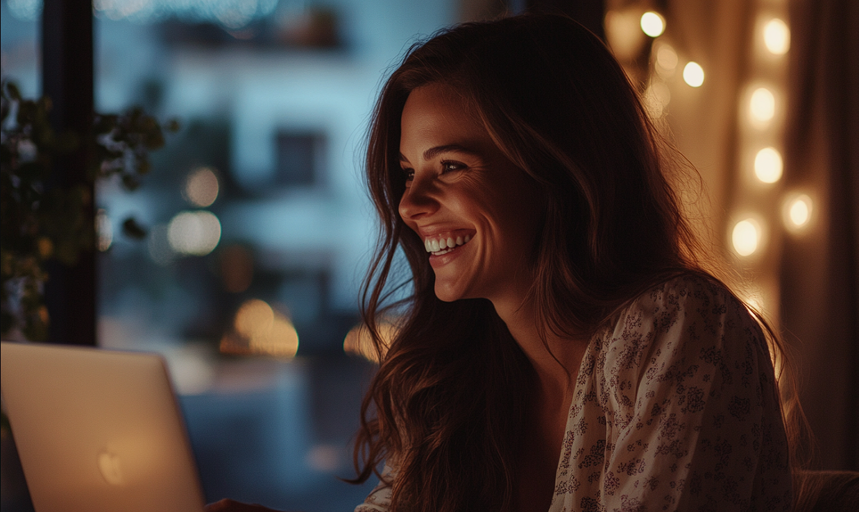 A woman grinning while using her laptop | Source: No source