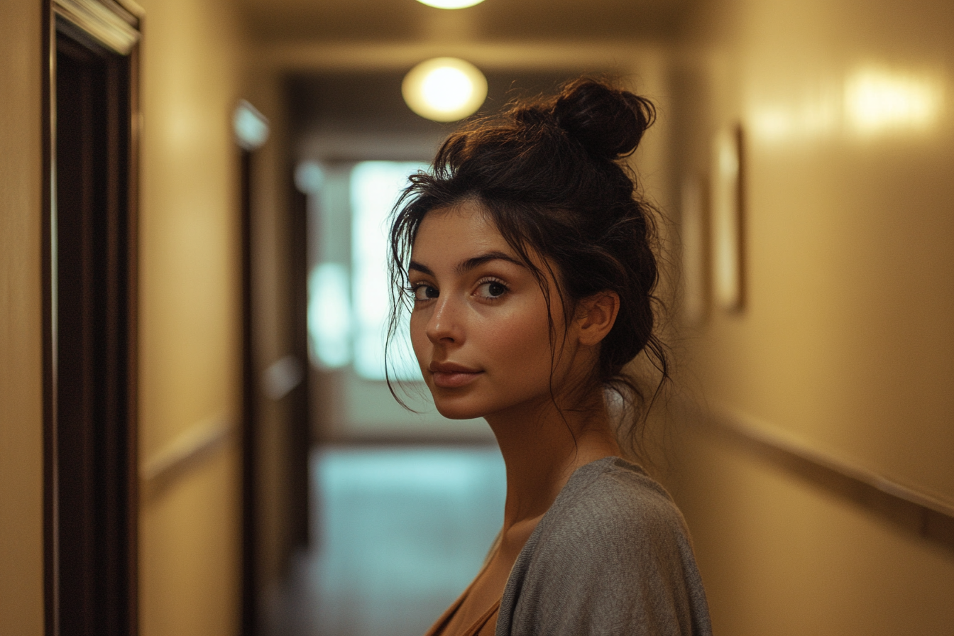 A woman glancing over her shoulder in an apartment hallway | Source: No source