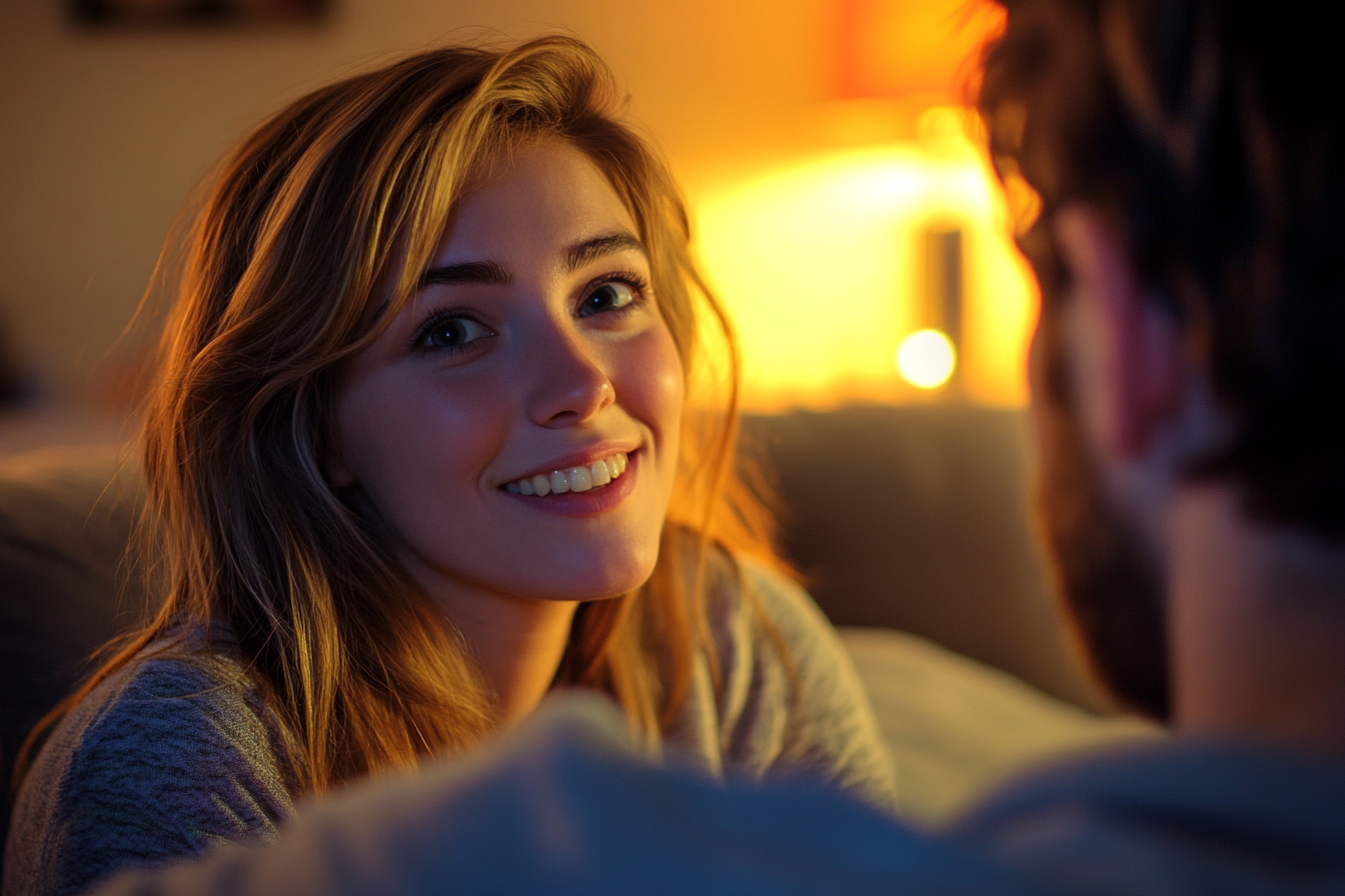 A smiling woman sitting on a sofa with her husband | Source: no source