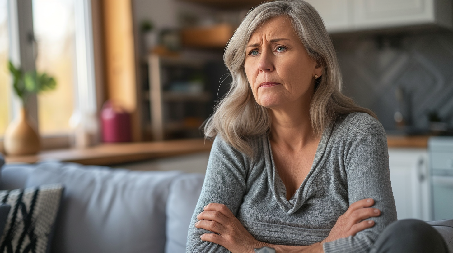 A woman sitting on a couch and frowning | Source: No source