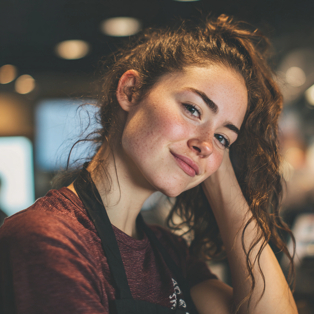 A smiling woman standing in a coffee shop | Source: no source