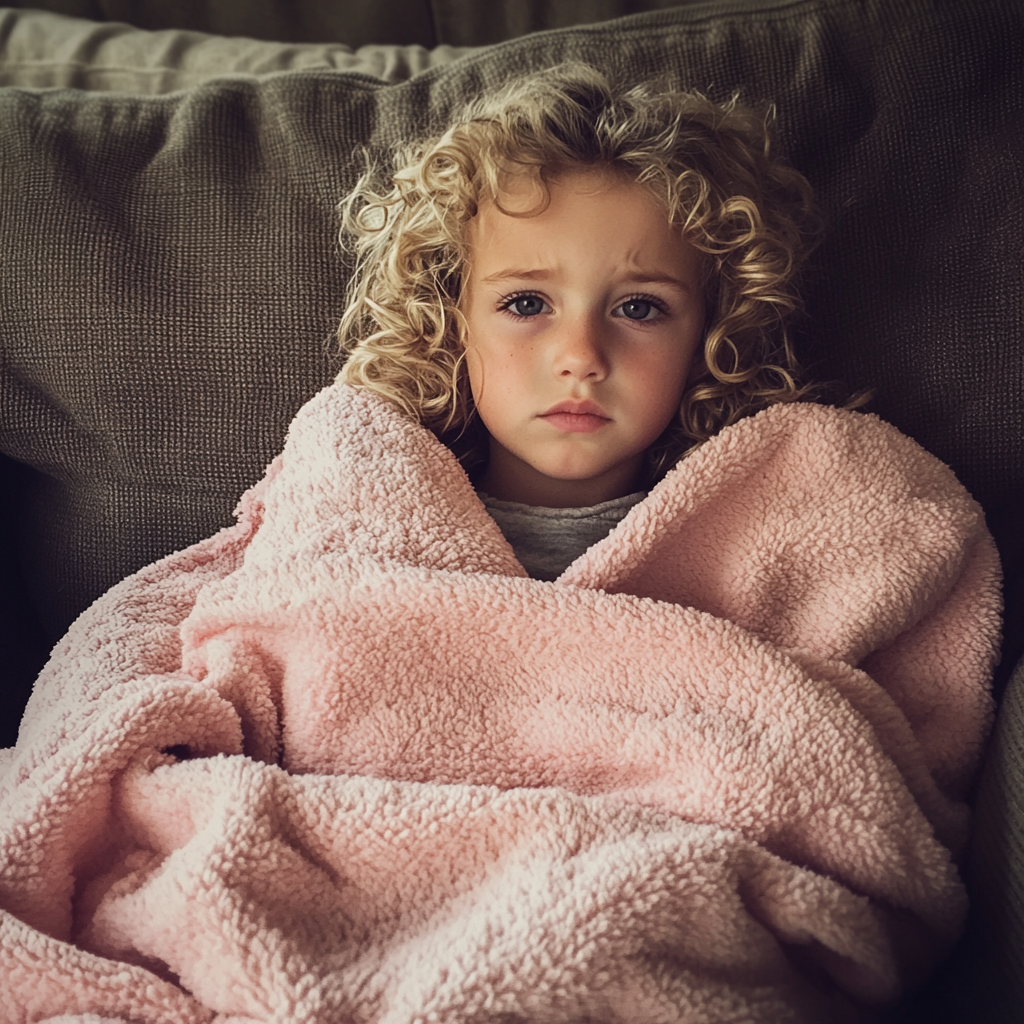 A little girl sitting on a couch wrapped in a pink blanket | Source: no source