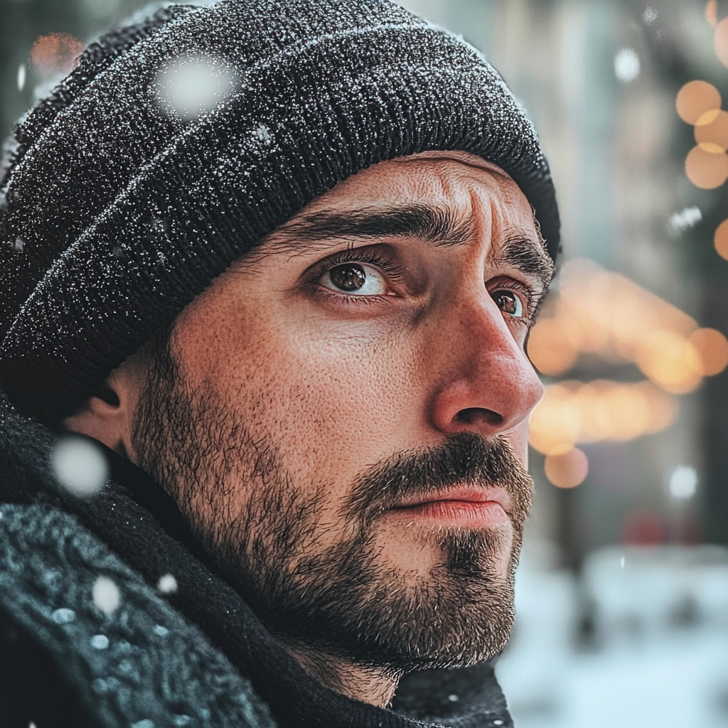 A sad man outside on a snowy day | Source: No source