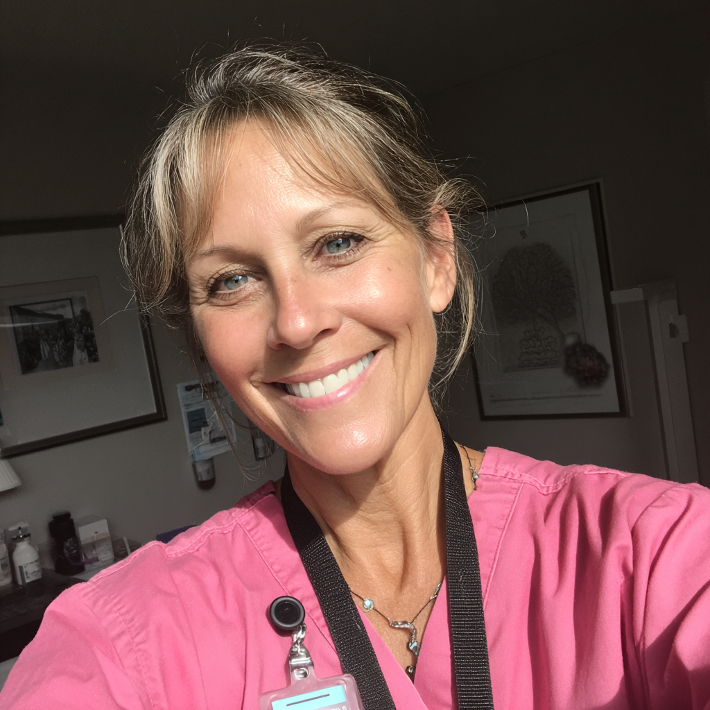 A smiling doctor wearing pink scrubs | Source: No source