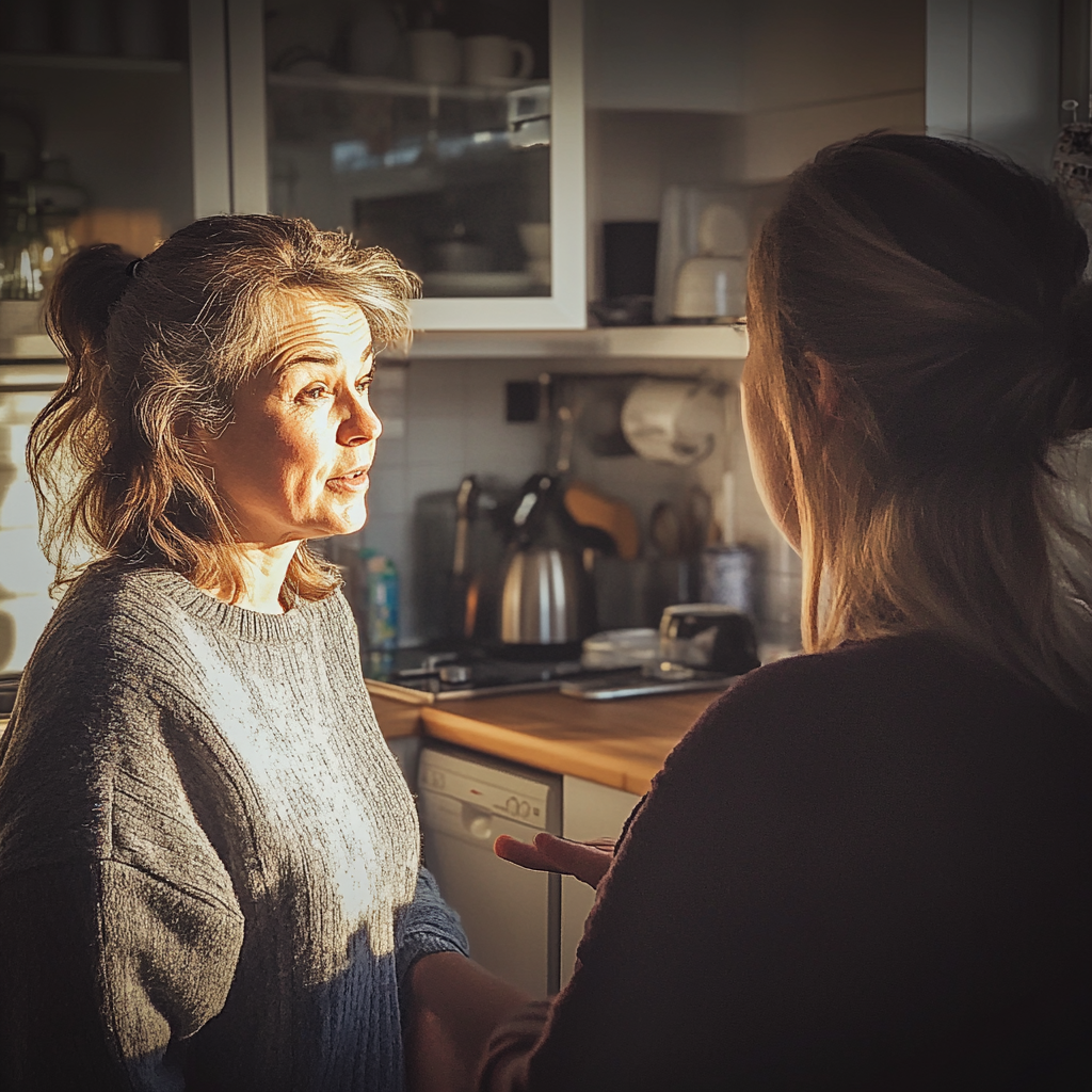 Two women talking in a kitchen | Source: no source