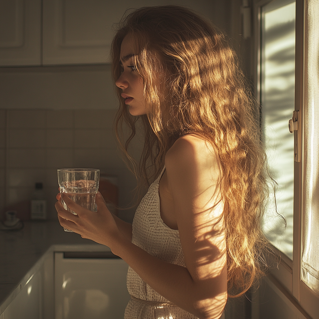 A nervous woman with a glass of water | Source: No source